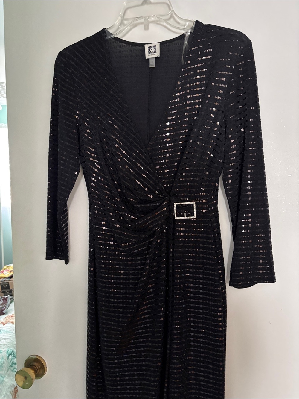 Anne Klein Black Sequin Wrap-Style Long Sleeve Dress with Buckle